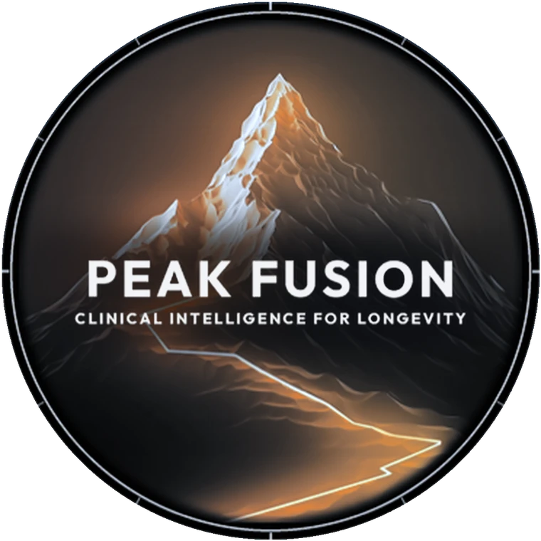 Peak Fusion logo: the wordmark and tagline, Clinical intelligence for longevity, over an alpine summit with a glowing orange data path, inside an instrument dial